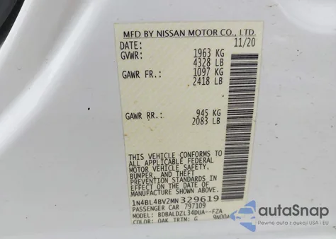 2021 Nissan Altima S Fwd z USA, uszkodzony, nr VIN 1N4BL4BV2MN329619